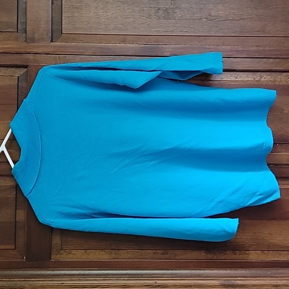 Allison Daly Lg blue-green soft short sleeve pullover sweater rolled collar - Picture 3 of 6